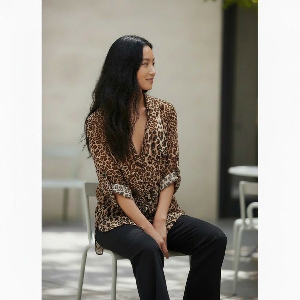 Xtaren Leopard Print Sheer Chiffon Roll Tab Sleeve Tunic Blouse